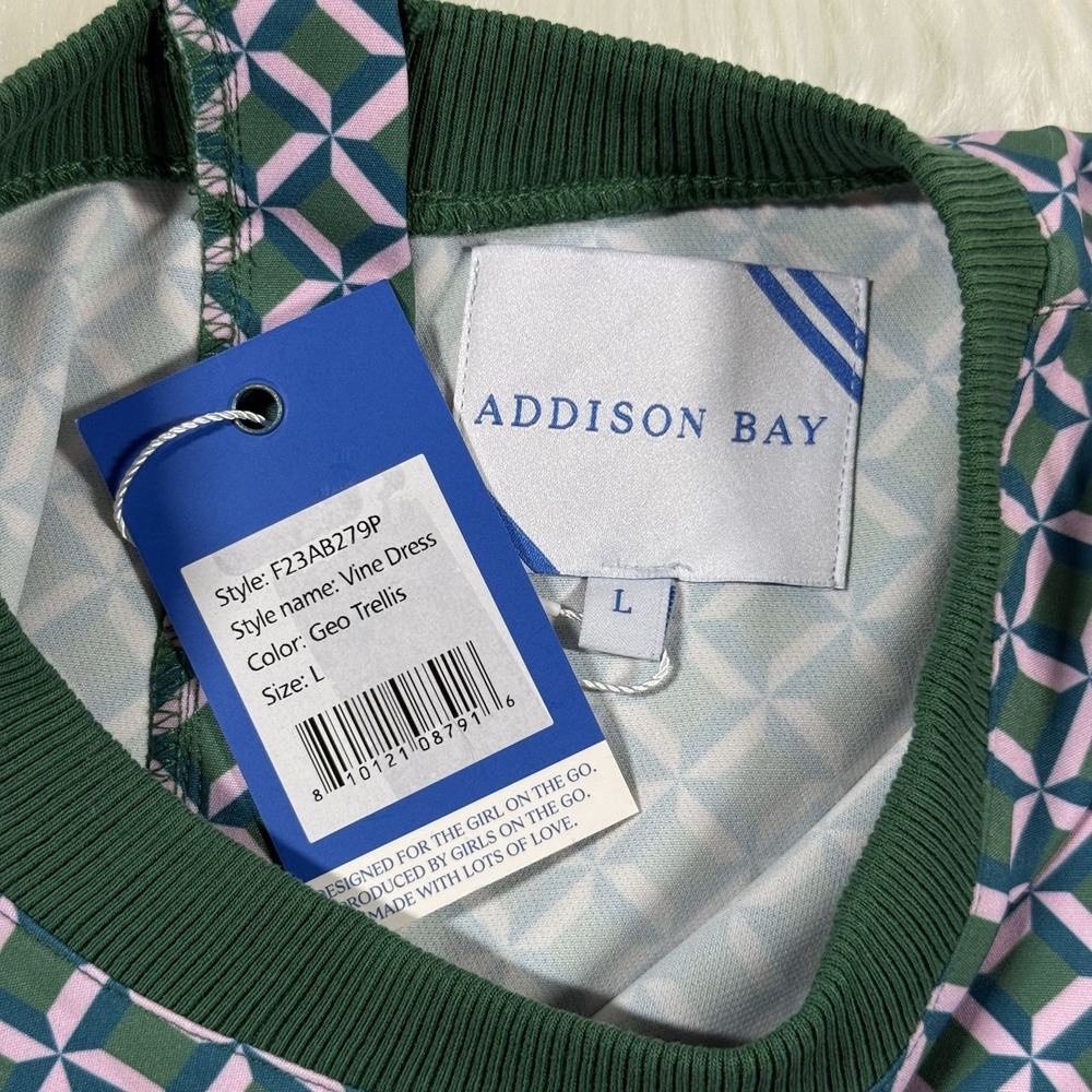Addison Bay Active‎ Women's Size Large Green Pink Geo Trellis Vine Dress - Picture 6 of 10
